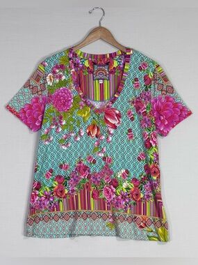 Johnny Was Floral Boho Tunic Top XL Vibrant Multicolor Luxe Statement Tee